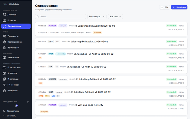Рис. 2. INFERA AI.SafeCode. Результаты сканирования. 